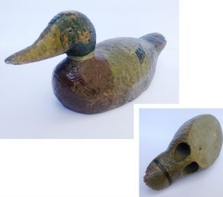 Vintage Wood Decoy Duck,  Hand - Carved/hand - Painted Glass Eyes,  Jet Holes In Rear
