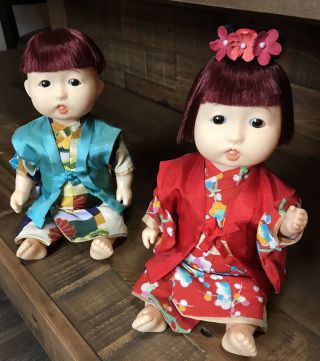 Vtg Sumo Japanese Gofun Asian Vintage Blue & Red Kimono Twin Baby Dolls