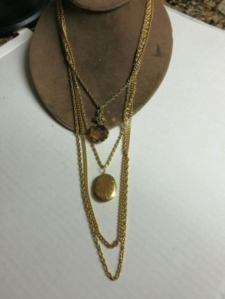 Signed Goldette Vtg Gold Tone Amber Glass Intaglio Cameo Locket 4 Chain Necklace