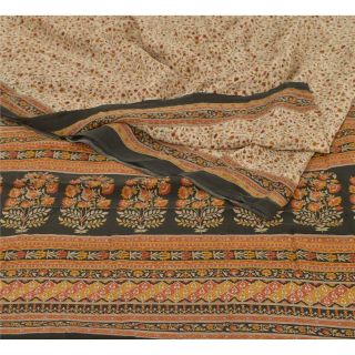 Sanskriti Vintage Cream Saree 100 Pure Crepe Silk Printed Fabric 5yd Craft Sari