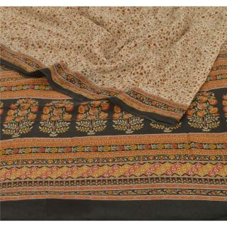 Sanskriti Vintage Cream Saree 100 Pure Crepe Silk Printed Fabric 5Yd Craft Sari 2