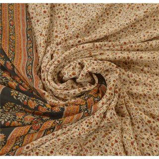 Sanskriti Vintage Cream Saree 100 Pure Crepe Silk Printed Fabric 5Yd Craft Sari 4