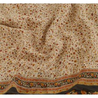 Sanskriti Vintage Cream Saree 100 Pure Crepe Silk Printed Fabric 5Yd Craft Sari 5