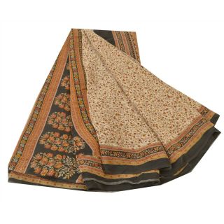 Sanskriti Vintage Cream Saree 100 Pure Crepe Silk Printed Fabric 5Yd Craft Sari 6