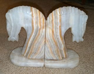 Vintage Horse Head Bookends Hand Carved Onyx Rock Marble Stone Book Ends (2)