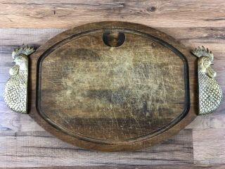 Vintage Rooster Brass Handle Solid Wood Large Cutting Board 23.  5 " X 14 "