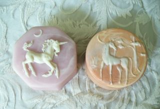 2 Unicorn Vintage Incolay Soapstone Trinket Box Pink Octagon Peach Robert Nemith