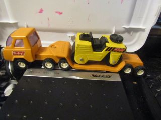 Vintage Buddy L Semi Truck With Steam Roller Orange & Yellow Pressed Steel Toy