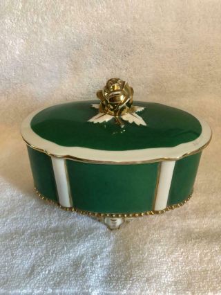 Vintage Germany Green Porcelain 5 " Tall Dresser/trinket Box W/ Gold Rose Handle
