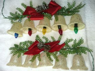 2 Vintage 5 Lighted Christmas Bells With Snow And Glitter Hard Plastic 3 1/2”