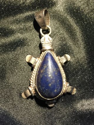 Vintage Adorable Sterling Silver Turtle With Lapis Pendant So Cute A Must Have