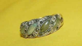 Vintage Designer Signed " 925 " Sterling Silver W/ Jade & Marcasite Ring Size 8.  25