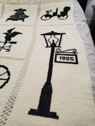 Vintage Crochet Afghan Blanket Cream Black Antique Clock Car Farmhouse 1985 2