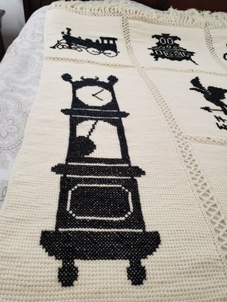 Vintage Crochet Afghan Blanket Cream Black Antique Clock Car Farmhouse 1985 4