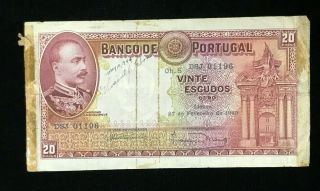 Vtg 1940 Bank Of Portugal 20 Escudos Banknote Paper Money Note Signed 1944 Wwii
