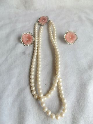 Vintage Designer K.  J.  L.  For Avon Double Strand Faux Pearl Necklace & Earrings