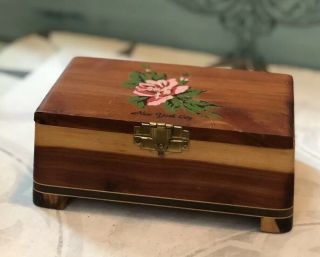 Vintage Folk Art Handmade Wooden Jewelry Box With Hand Painted Rose On Lid