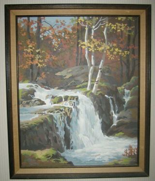 Vintage Paint By Number Framed Picture Fall Scene With Waterfall