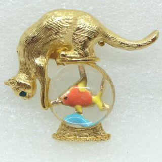 Signed Gold Crown Vintage Cat Goldfish Bowl Brooch Pin Lucite Jelly Enamel