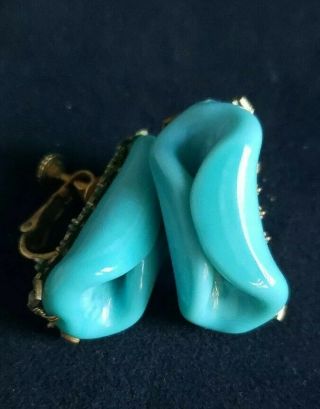 Vintage Signed Miriam Haskell Screw Back Earrings Turquoise Blue Shaped Glass