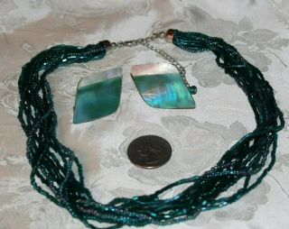 Vintage Teal Green Glass Seed Bead Multistrand Necklace,  Mop Shell Clip Earrings