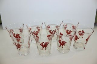 Set Of (8) Vintage Bright Red Rooster Swig Juice Cocktail Glasses 3 " X 2.  5 "