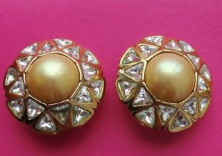 Vintage Christian Dior Faux Pearl & Crystal Clip On Earrings
