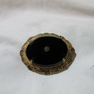 Vintage Oval Embossed Brass Tone Metal Black Onyx Rhinestone Accent Pin Brooch