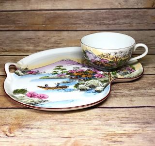 Vintage Oriental Japanese Hand Painted Decorative Snack Plate With Teacup