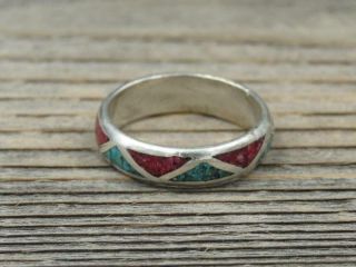 Vintage Navajo Sterling Silver Turquoise Coral Chip Inlay Men 