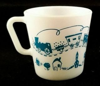 Vintage Pyrex White Milk Glass Mug W Blue Printed Railroad Train & Neighborhood