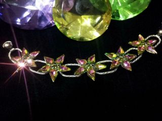 Vtg Fabulous 5 Link Bracelet W Huge Sparkle Green / Pink Heliotrope & Olive R?s