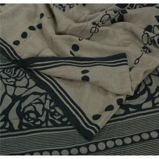 Sanskriti Vintage Grey Saree Pure Crepe Silk Printed Fabric 5yd Craft Soft Fsari