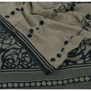 Sanskriti Vintage Grey Saree Pure Crepe Silk Printed Fabric 5Yd Craft Soft Fsari 2