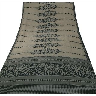 Sanskriti Vintage Grey Saree Pure Crepe Silk Printed Fabric 5Yd Craft Soft Fsari 3