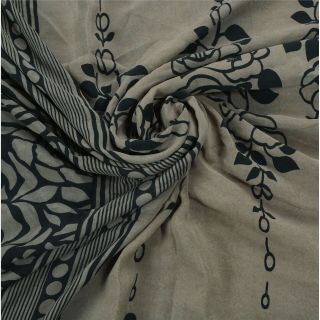 Sanskriti Vintage Grey Saree Pure Crepe Silk Printed Fabric 5Yd Craft Soft Fsari 4
