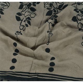 Sanskriti Vintage Grey Saree Pure Crepe Silk Printed Fabric 5Yd Craft Soft Fsari 5