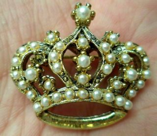 Stunning Vintage Estate Faux Pearl Queen King Crown 1 1/8 " Brooch 2188w