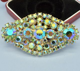 Vintage Brooch 1950s Green Aurora Borealis Crystal Goldtone Bridal Jewellery