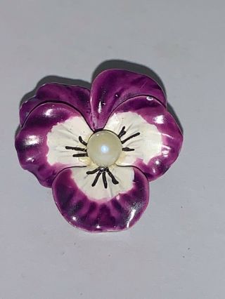 Vintage Beau Sterling Silver Enamel Decorated Pansy Pin Brooch W/ Fw Pearl