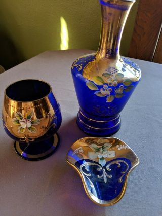 Vtg Bohemian 3 Pc Set 7” Vase,  Goblet,  Tray Moser Czech Blue Cobalt & Gold