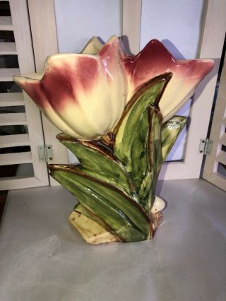 Vintage Mccoy Art Pottery Double Pink Tulip Flower Vase 8 - 1/4” Tall Lovely (p)