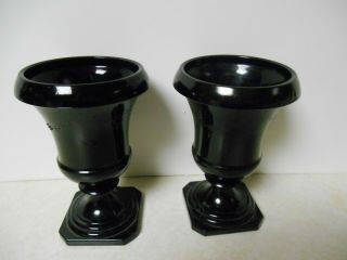 Vintage Pair Le Smith Black Glass Pedestal Vases