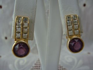 Vintage Signed D.  S.  Co Daniel Swarovski Purple Clear Gold Tone Clip Earrings