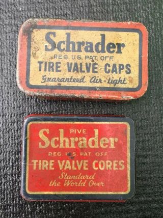 Vintage Shrader Tire Valves & Tire Caps Metal Tins With Contents