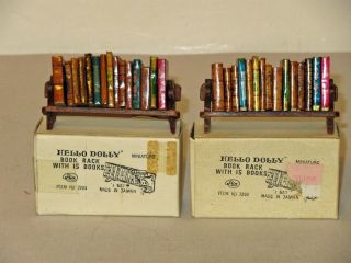 2 Orig Box Vtg Hello Dolly Miniature Dollhouse Wood Book Rack With 15 Books Each