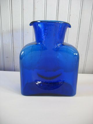 Vintage Blenko Double Spout Cobalt Blue 8  H Carafe Pitcher Barware Glass