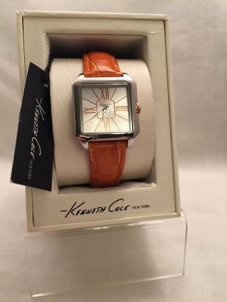 Kenneth Cole Watch Womens Silver And Orange Dial Orange Leather Strap Kc2847 Nwt