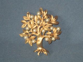 Vintage Signed Crown Trifari Gold - Tone Metal Faux Pearl Tree Pin Brooch