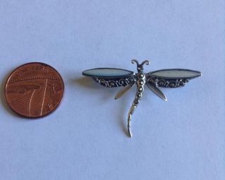 Vintage Solid Sterling Silver Mother Of Pearl & Marcasite Dragonfly Brooch / Pin